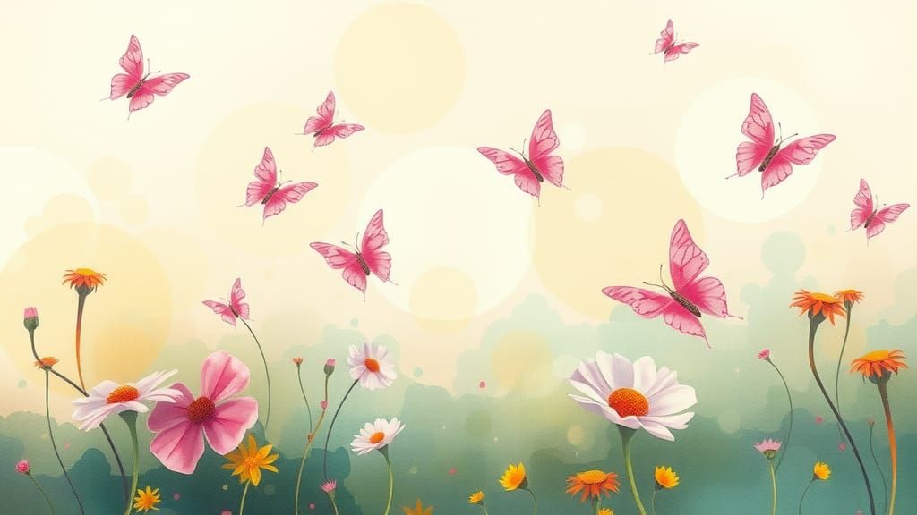 Pink Butterflies in Pastel Watercolor Landscape