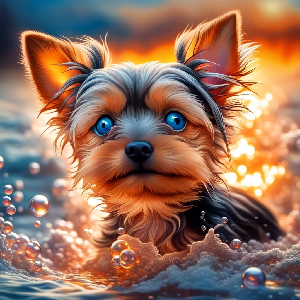 Hyperrealistic Yorkshire Terrier Puppy in Sunset Fire