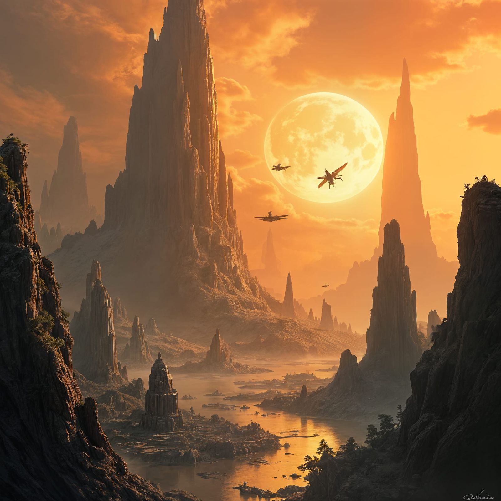 Alien Geode City with Flying Vehicles in Twin Sunlight