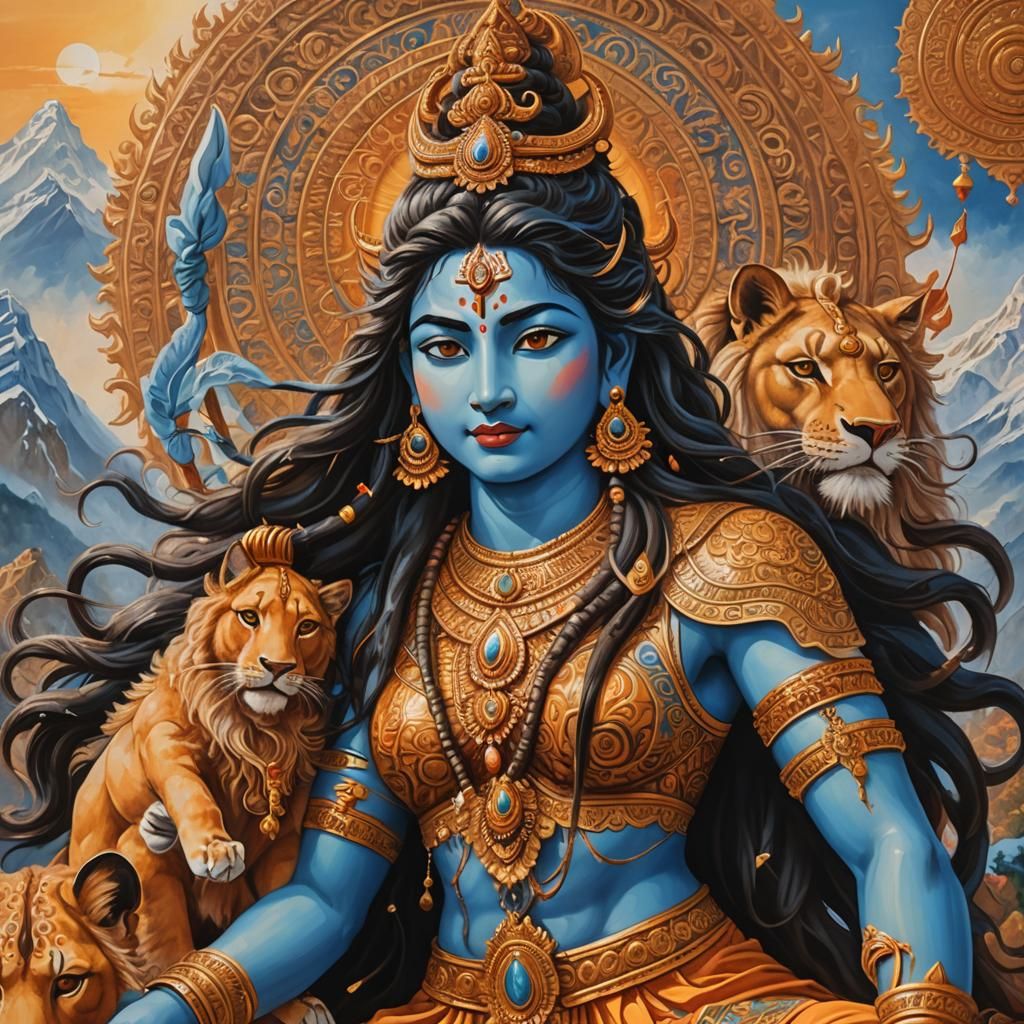 Shiva and Durga on Mountain Peak: Traditional Indian Art