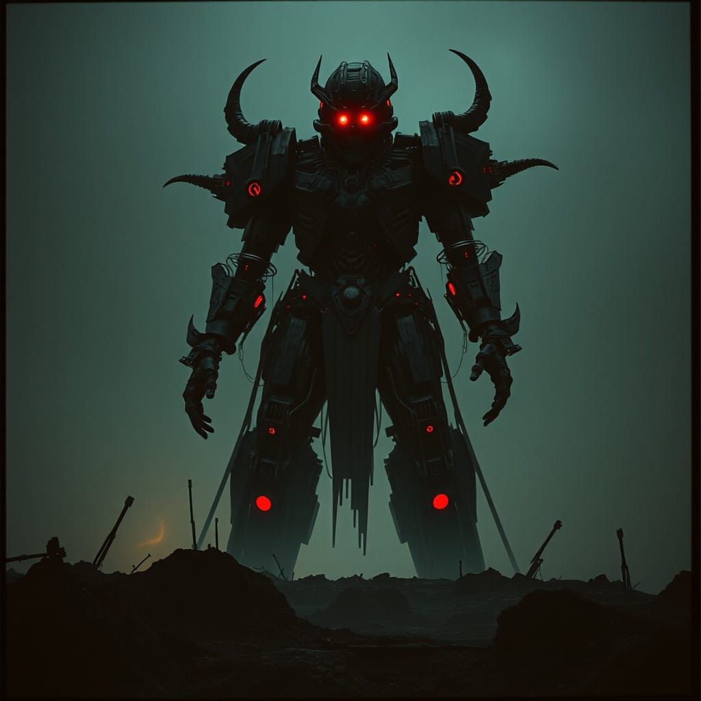 Cybernetic God of Death in Dark Futuristic Landscape