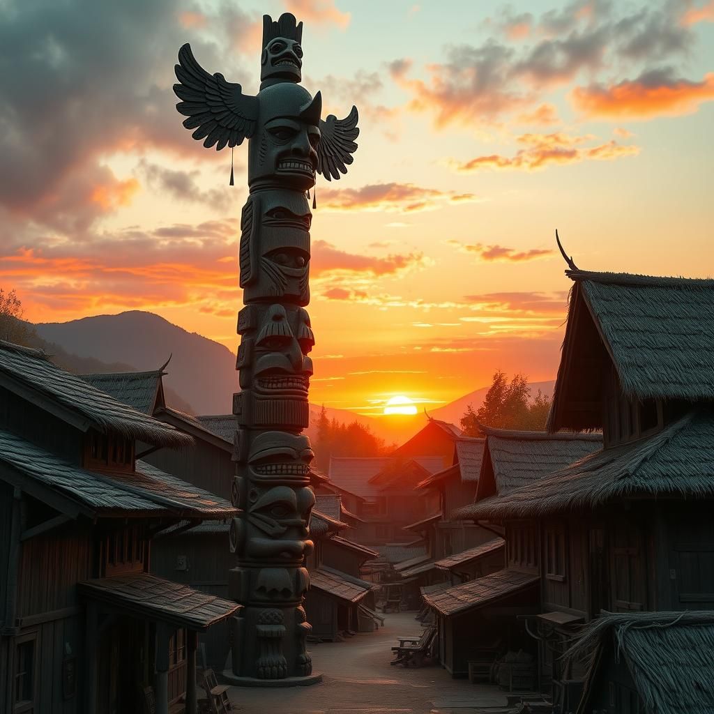 Detailed Wooden Totem in Village at Sunset