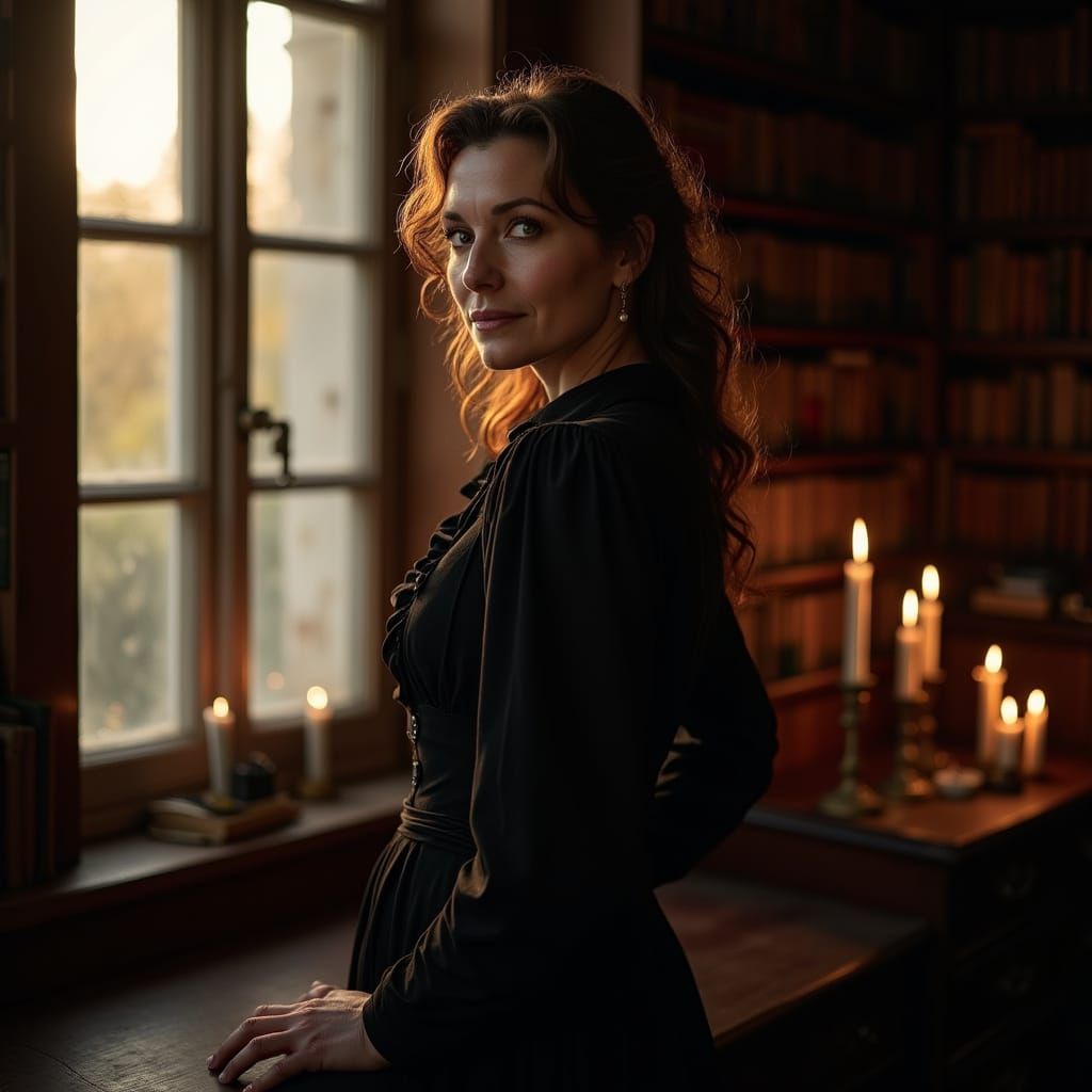 Victorian Woman in Study with Candlelight