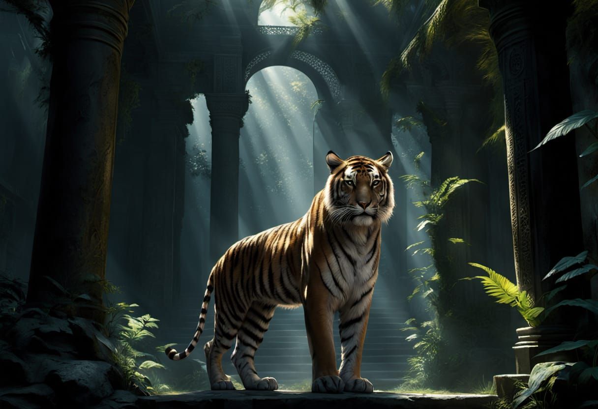 Majestic Tiger in Ancient Jungle Temple, Dark Fantasy Art