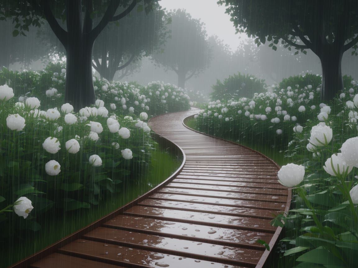 Rainy Day Boardwalk Through Lush Garden