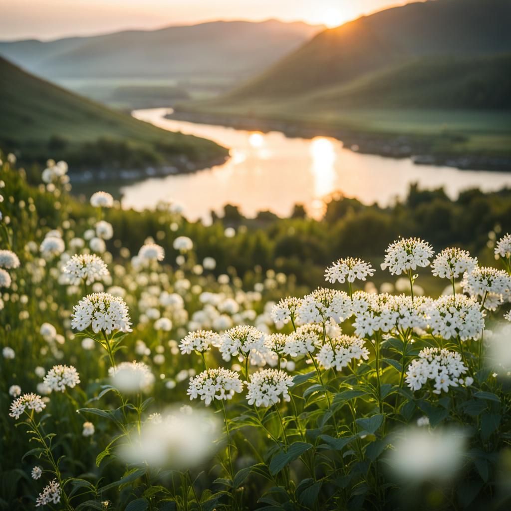 Tranquil Sunrise Over White Flower Field