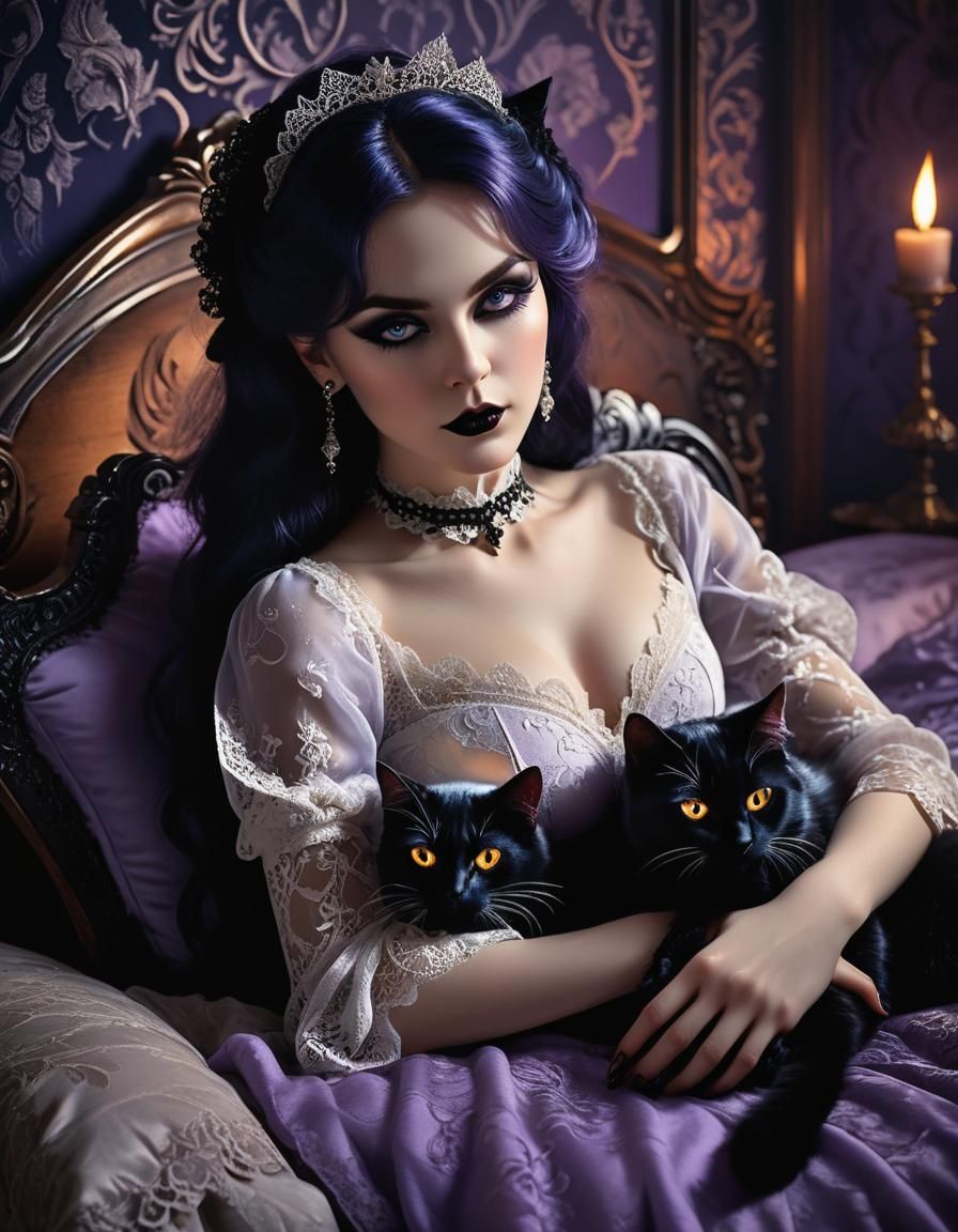 Gothic Woman with Cat in Dark Fantasy Style