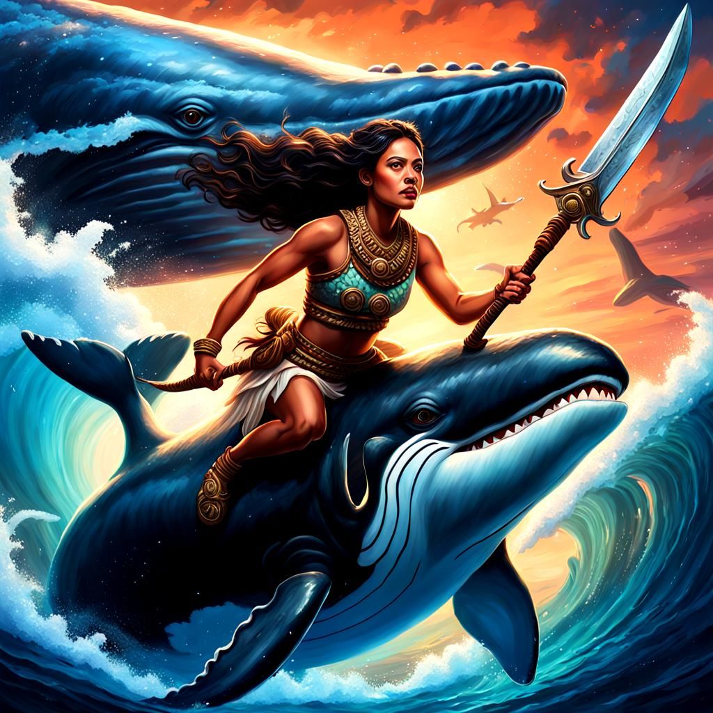 Polynesian Woman Rides Whale in Sky: Splash Art