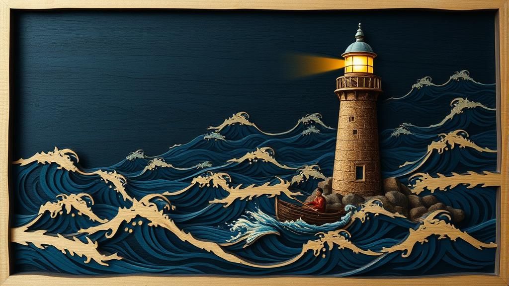 Lighthouse Beaming Light on Boat, Wood Carving