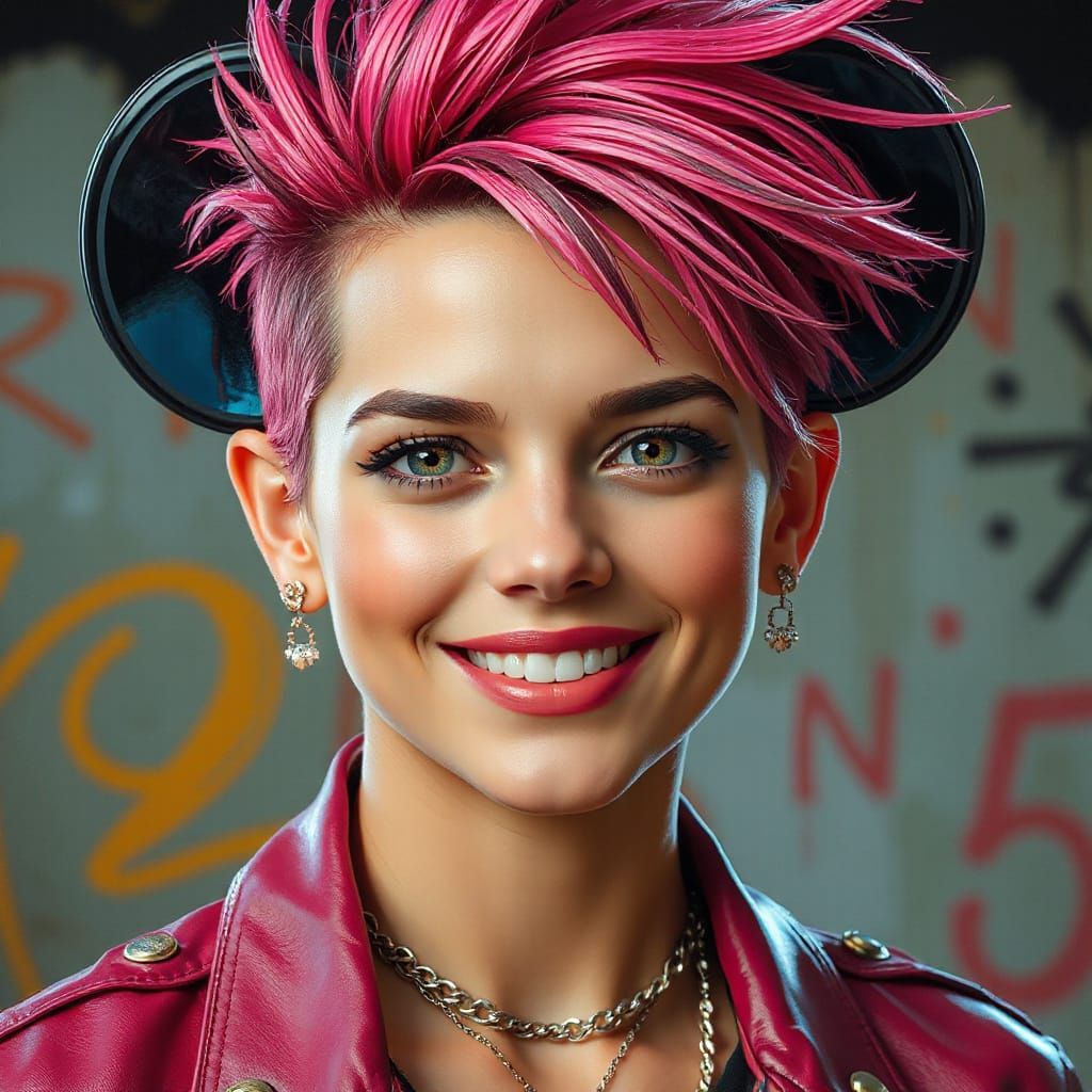 Vibrant Punk-Inspired Portrait of a Young Woman in a Disney-...