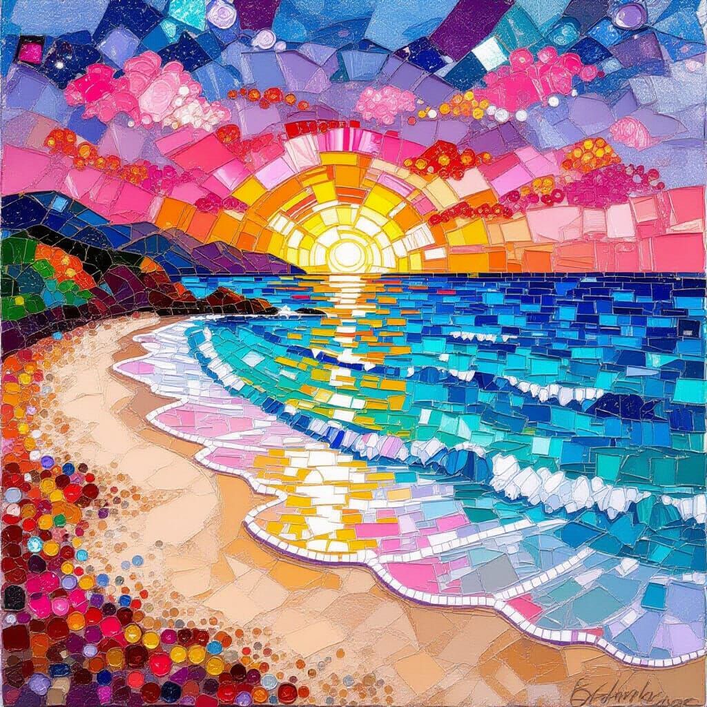 Beaded Beach Scene at Twilight in Mosaic Style