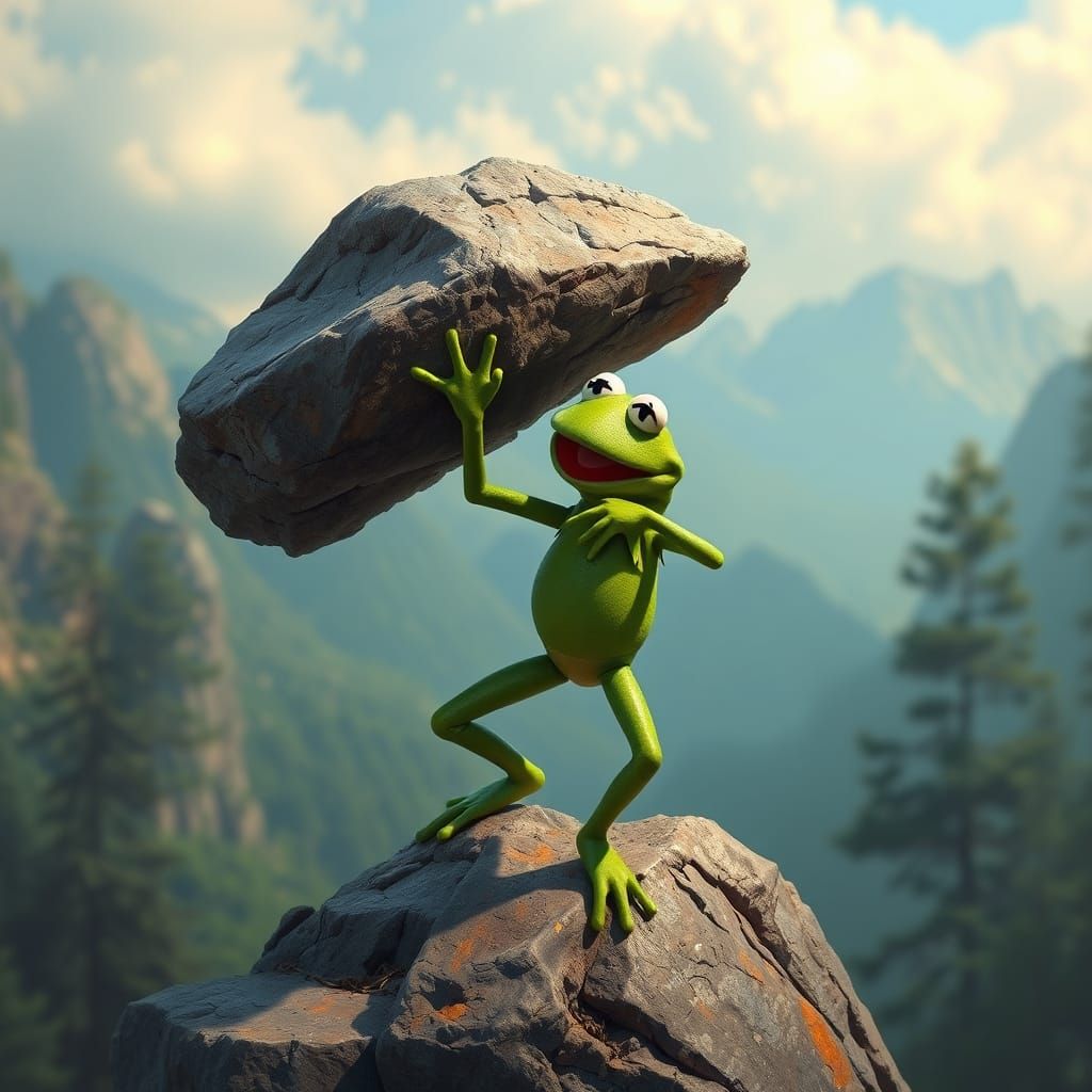Muppet Frog Lifting a Massive Boulder