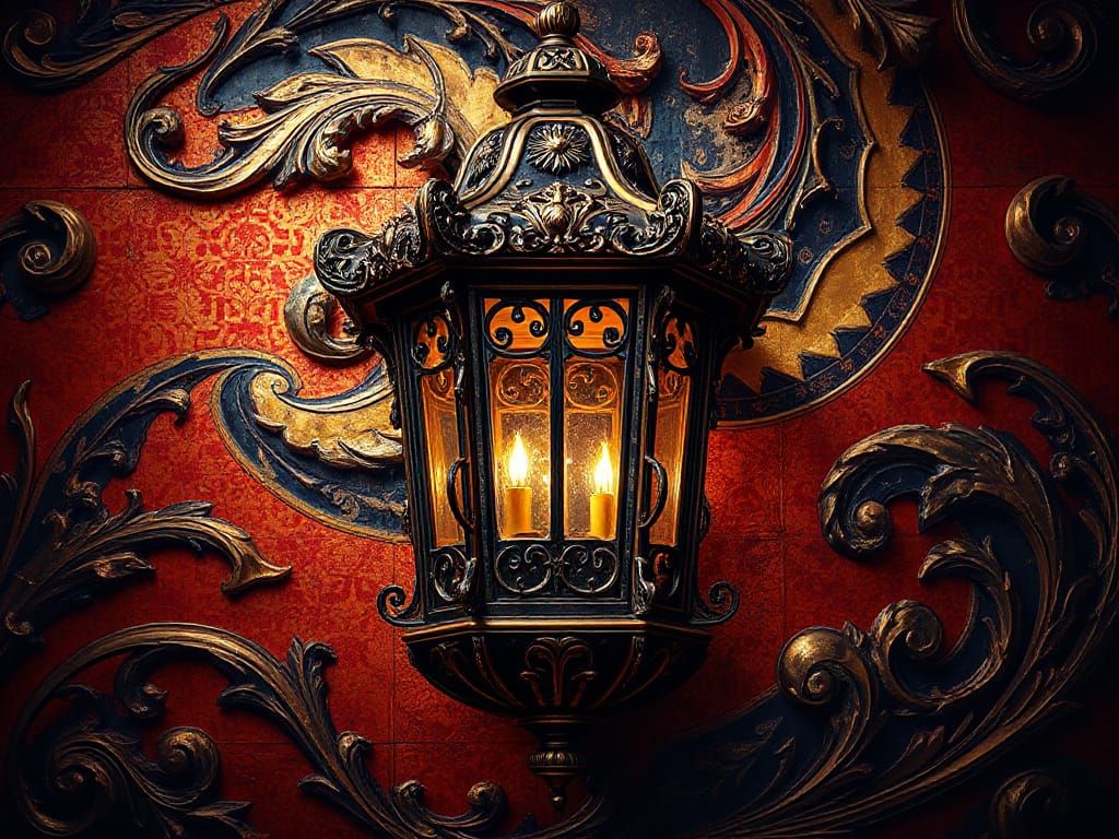 Ornate Venetian Lantern Amidst Swirling Patterns