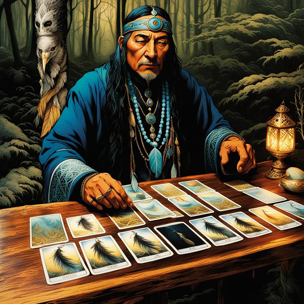 Shaman with Trickster Tarot in Dreamlike Mystical Scene