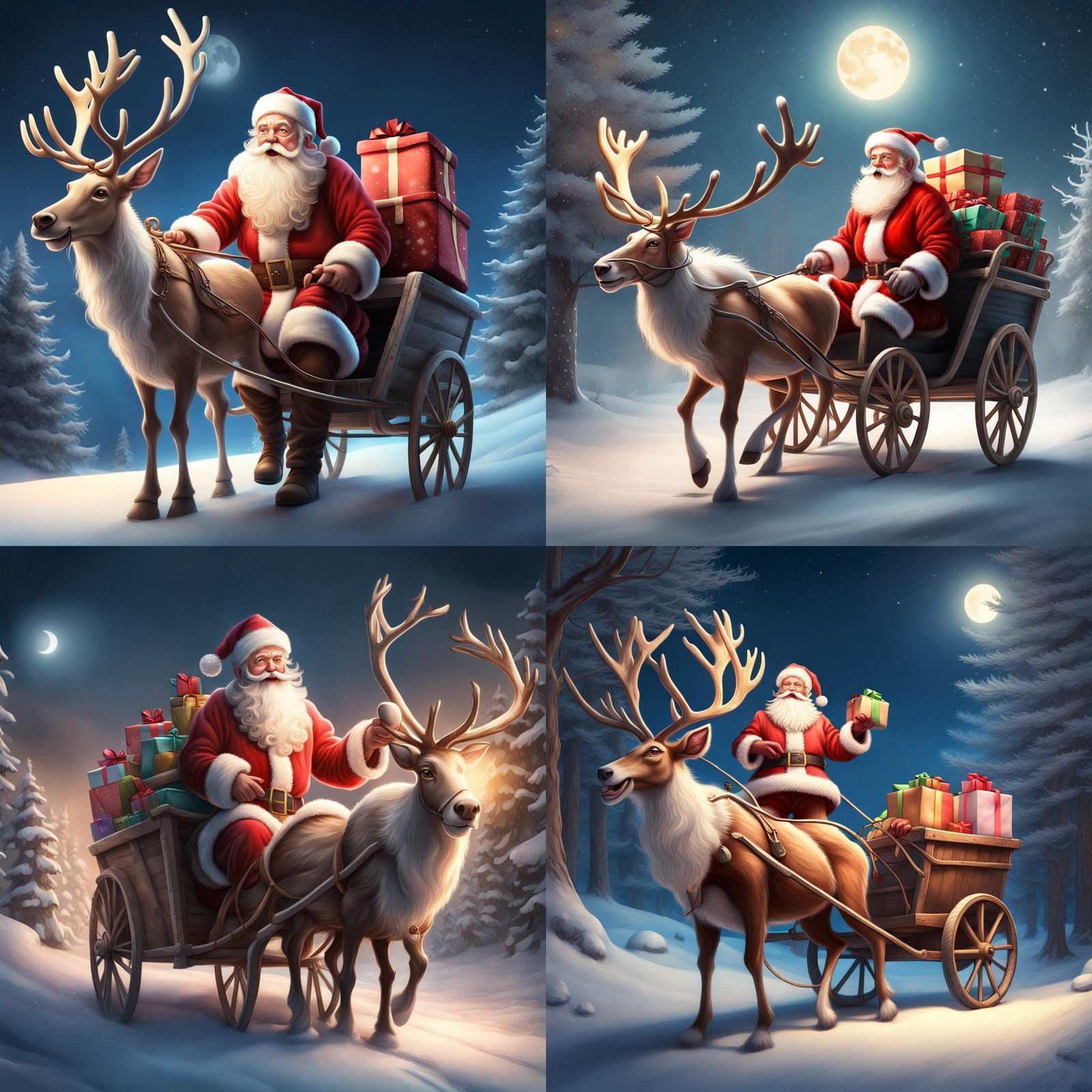 Santa Claus riding a reindeer cart, holding a bag with gifts in his hand.