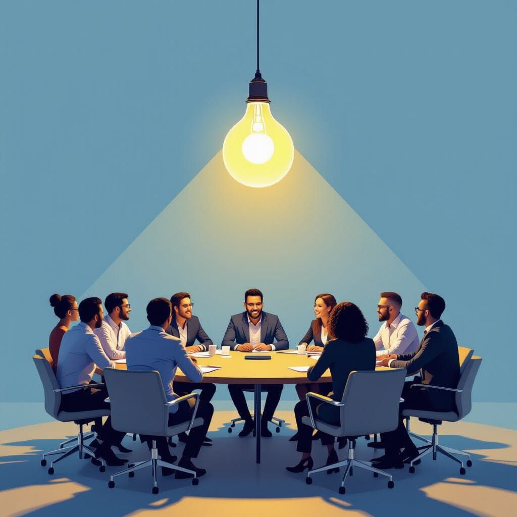 Diverse Team Collaborates Under Inspiring Lightbulb