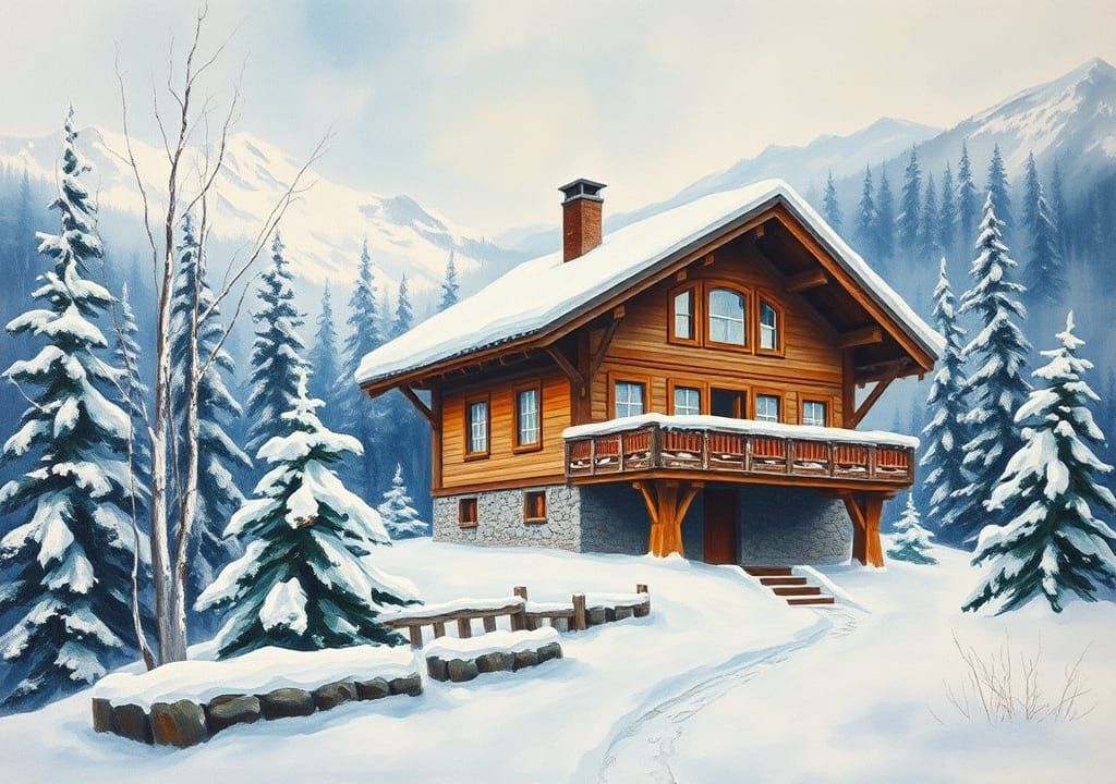 Impressionist Winter Chalet Gouache Painting