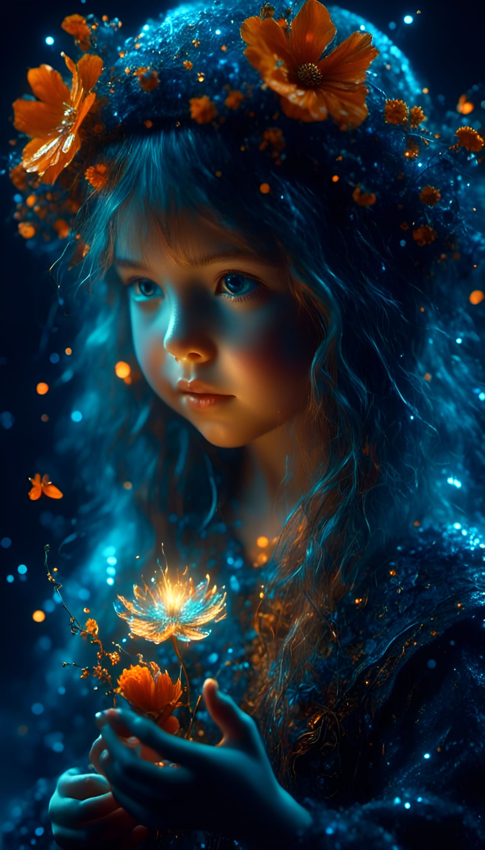 Girl with Bioluminescent Flower: Hyperrealistic Digital Art