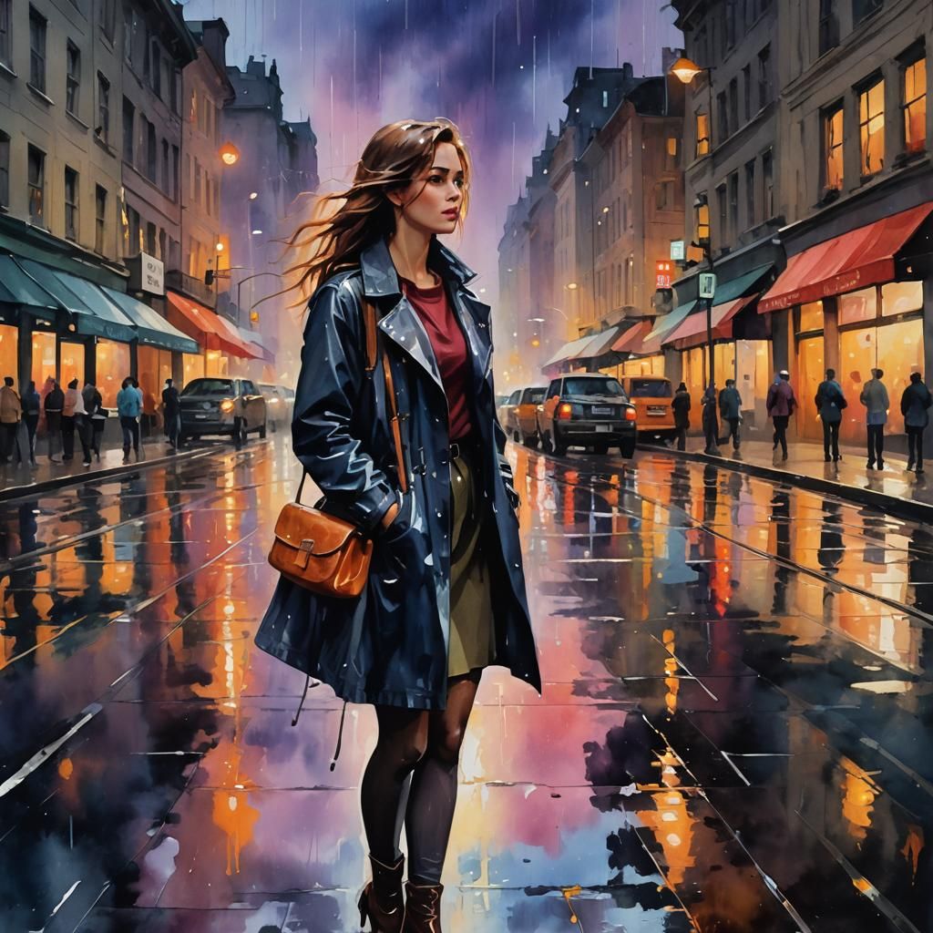 Rainy City Reflection in Gouache Watercolor Style