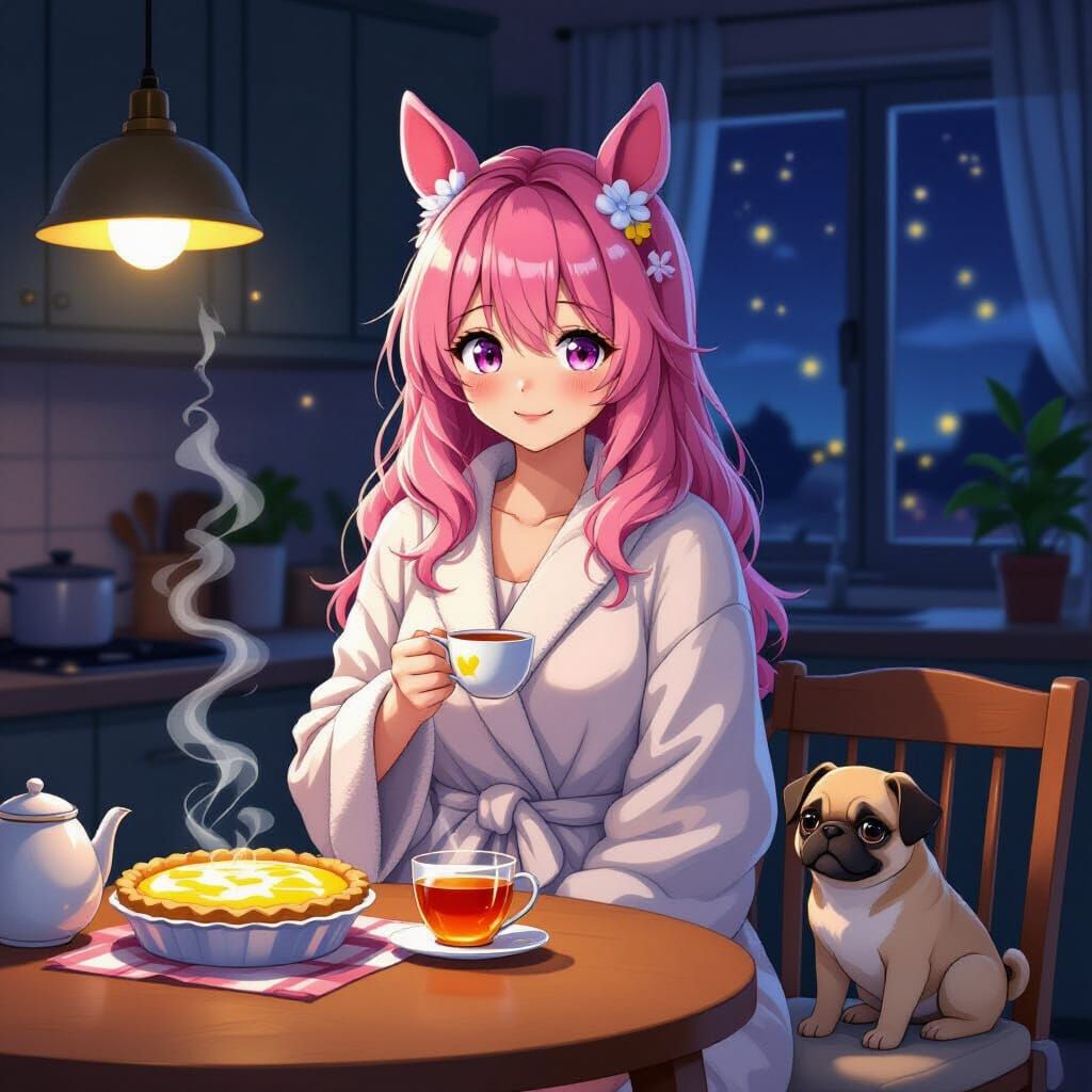 Anime Girl with Horse Ears in Kitchen, Manga Style