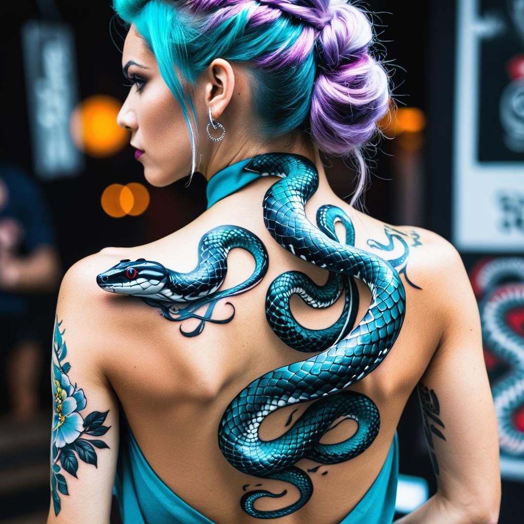 Woman with Detailed Ice Snake Tattoo