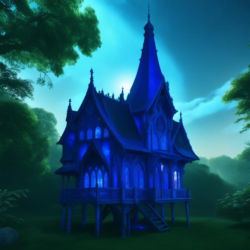 Realistic beautiful cobalt blue Gothic treehouse& realistic vibes& beautiful craftsmanship vibes& ethereal vibes& gothic...