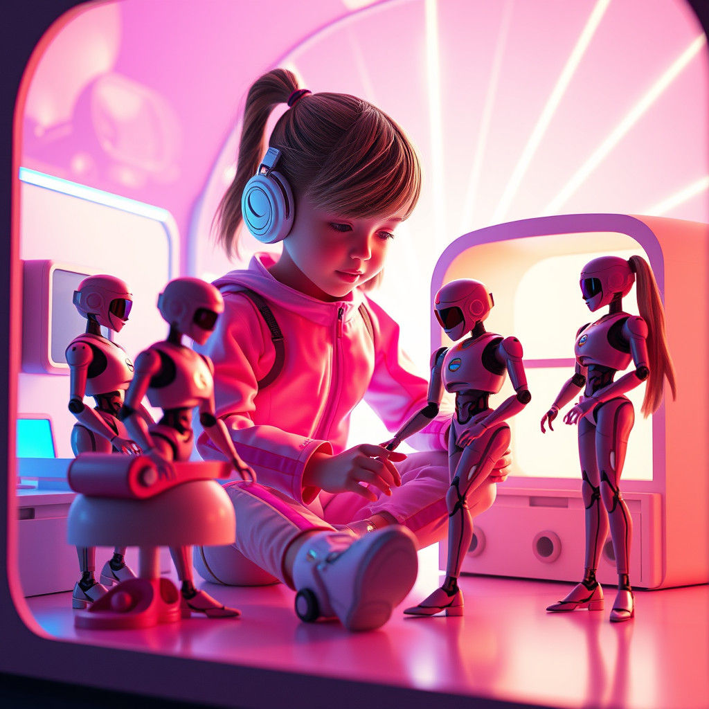 Girl and Robot Dolls in Pixar-Style 3D Art
