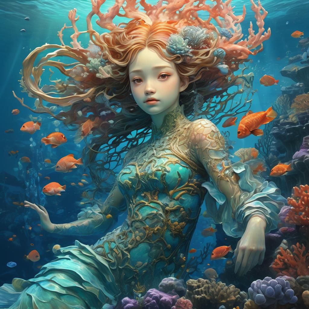 Surreal Mermaid with Coral Reef, Digital Art