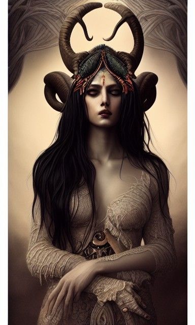 Ethereal Priestess with Ram Headdress in Rococo Style