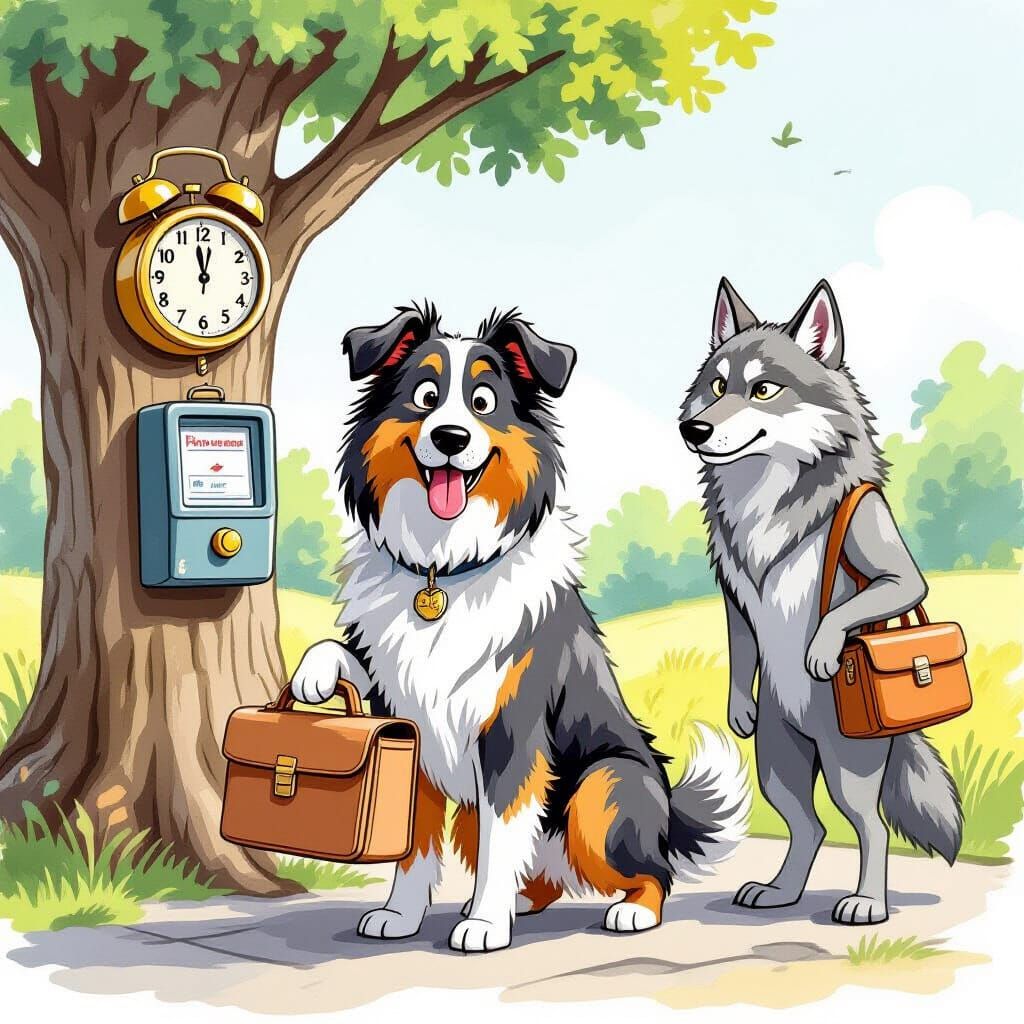English Sheepdog Clocks Into Work with Wolf Companion