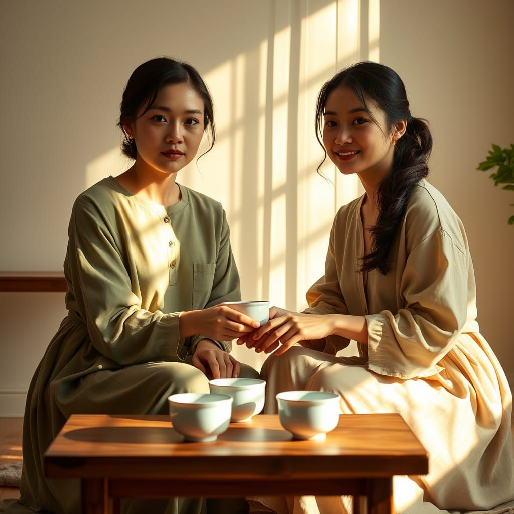 Serene Tea Time: Women in Sun-Dappled Room