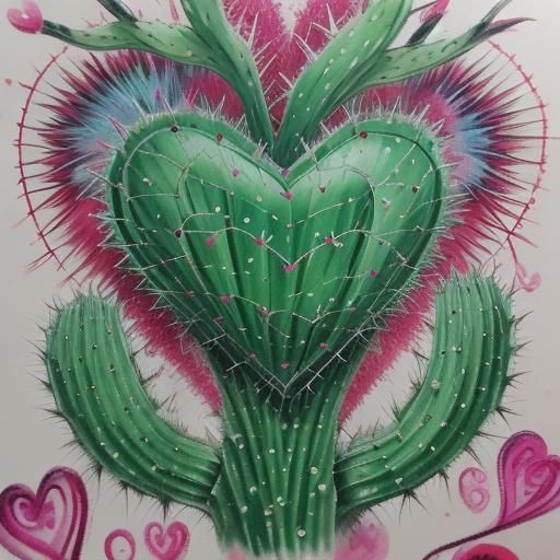Cactus Heart Portrait with Zentangle Background in Watercolo...