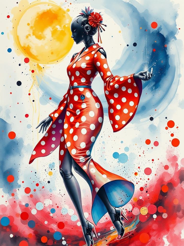 Surreal Geisha Android in Polka Dot Landscape