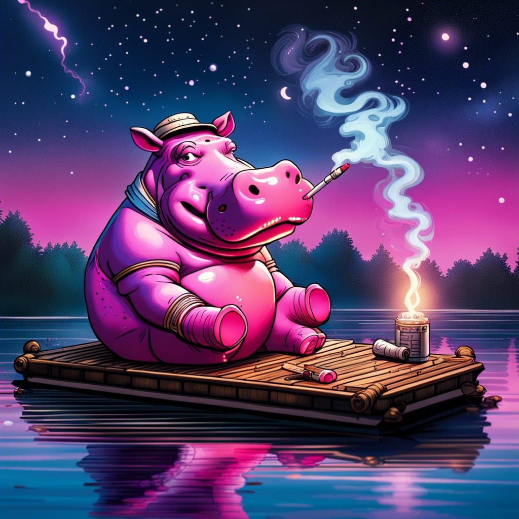 Hippo Smoking Under Stars: Hyperrealistic Comic Art