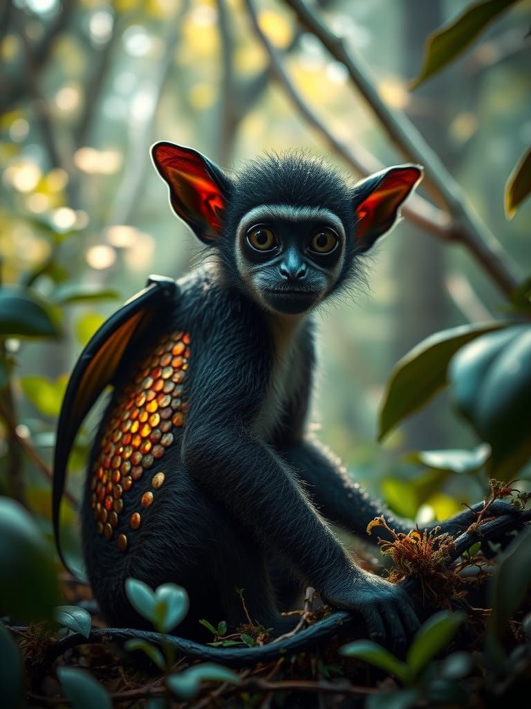 Salamander-Monkey Hybrid in Misty Forest, Surreal Portrait