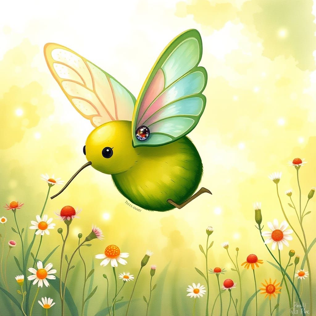 Whimsical Avocado with Wings in Watercolor Meadow