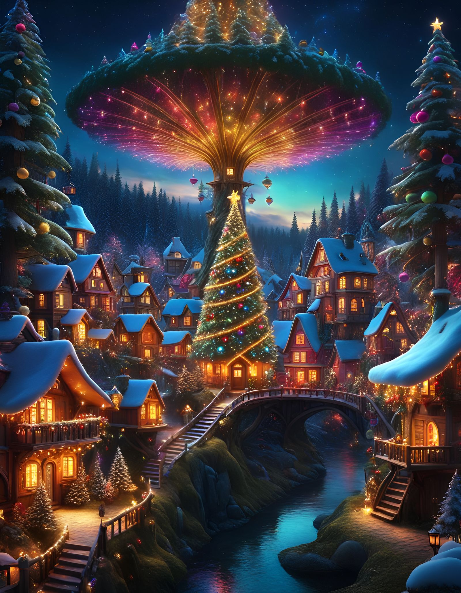 Magical Christmas Tree Village in Fantasy Forest