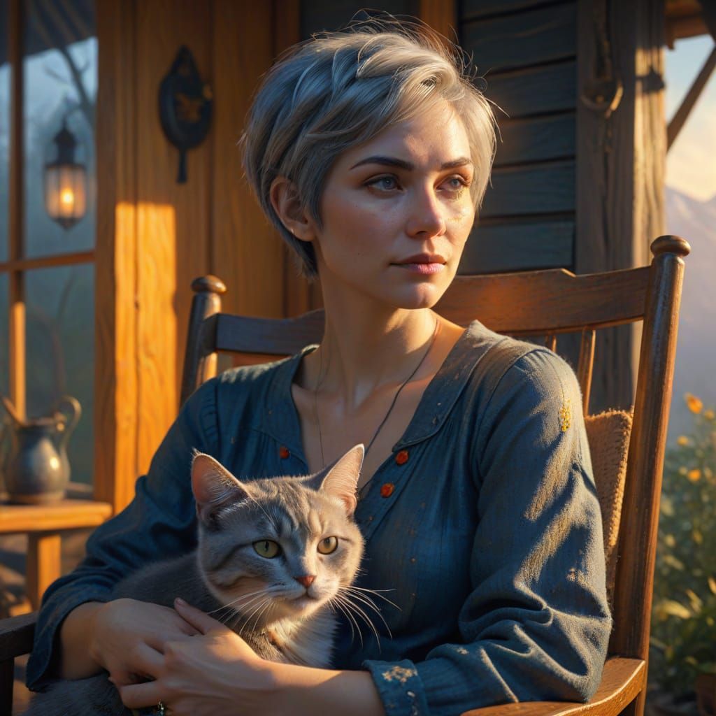Lady with Cat on Cabin Porch in Oil Painting Style