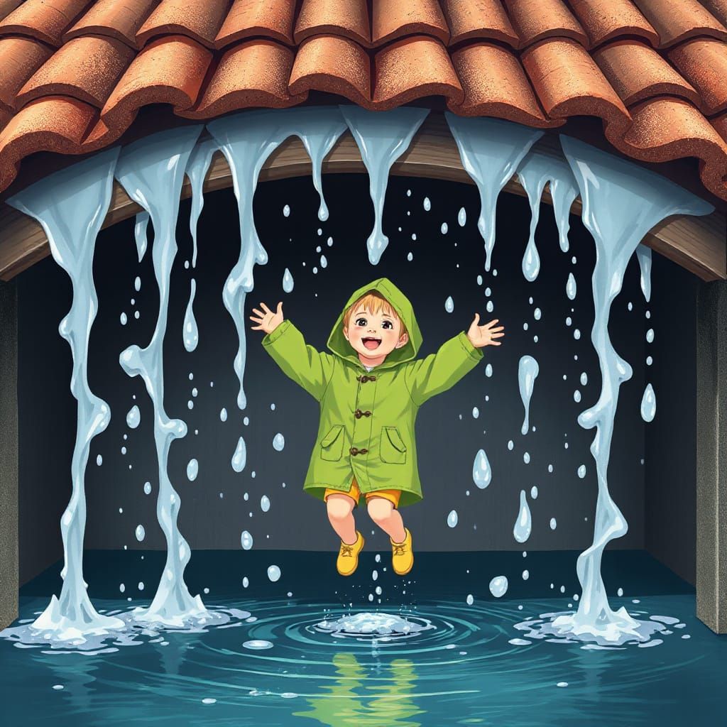 Happy Child Dances Under Anime Waterfall