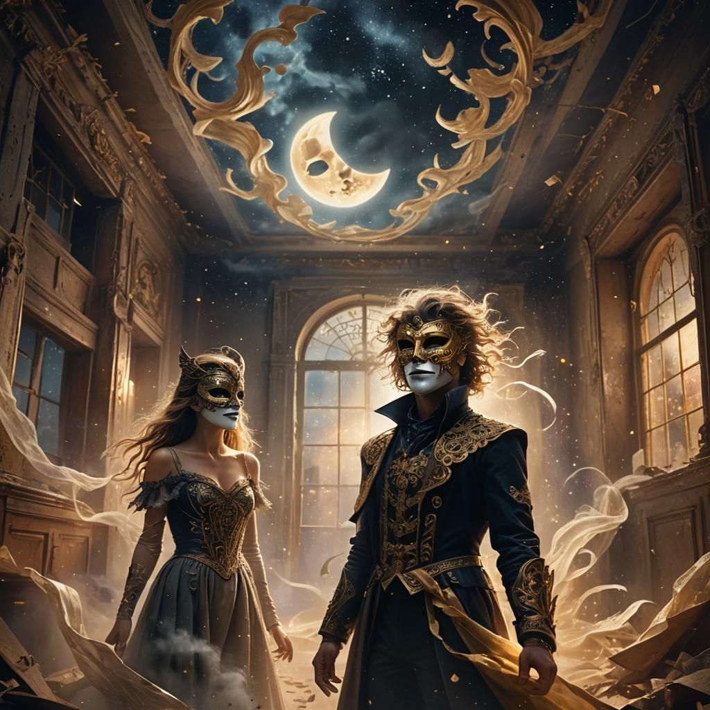 Masquerade Figure Trapped by Spirits in Abandoned Room