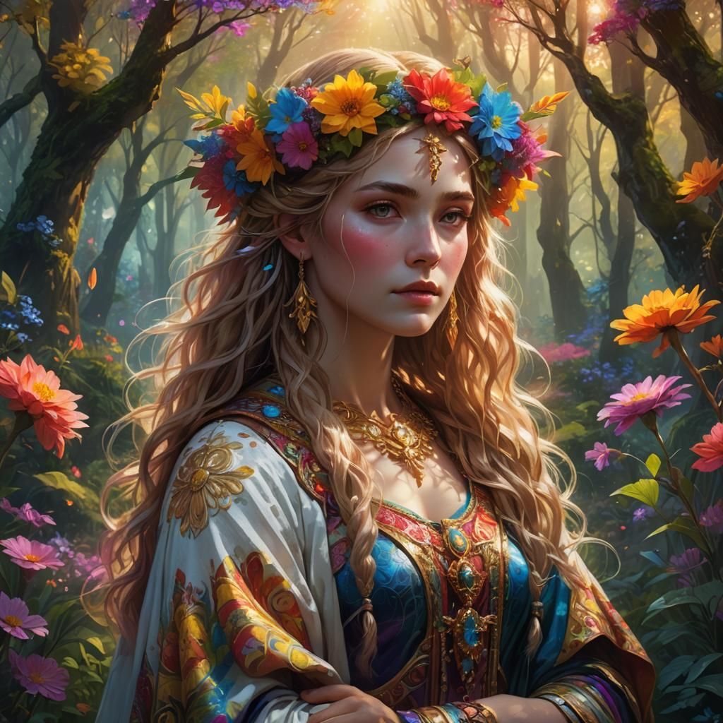 Aphrodite in Scandinavian Dress Amid Rainbow Flowers