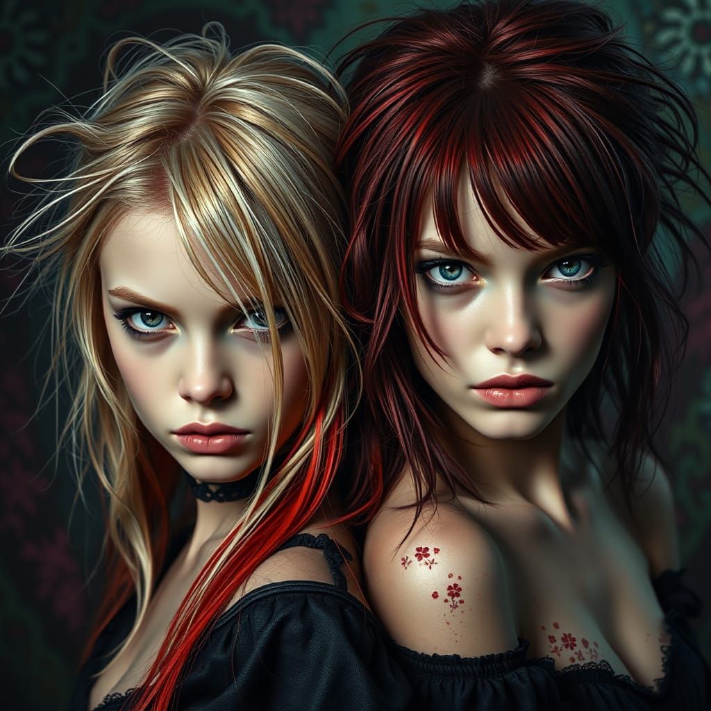 Gothic Portrait of Twin Women in Hyperrealism