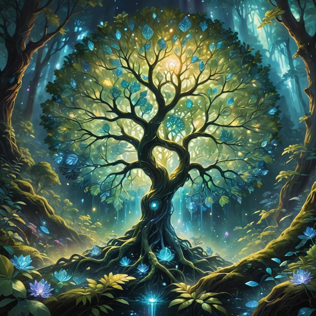 Bioluminescent Tree of Life in Iridescent Oil Painting