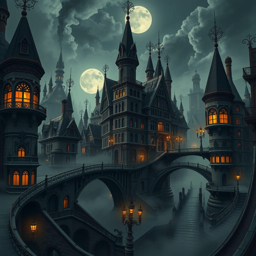 Mysterious, Gothic Cityscape Under Dark, Misty Skies