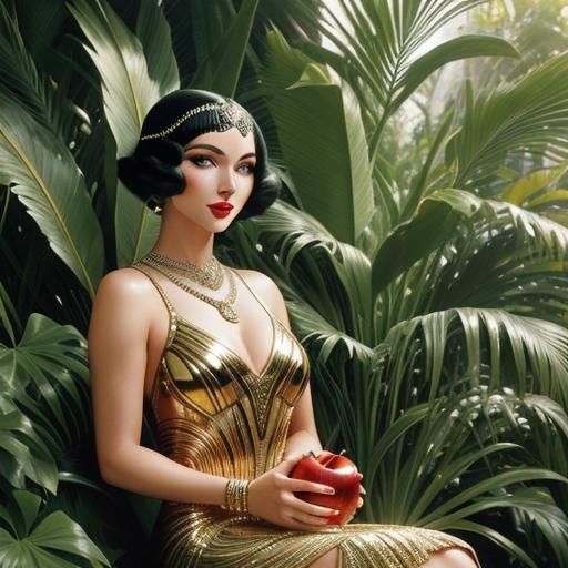 Eve in Decopunk Garden of Eden with Serpent