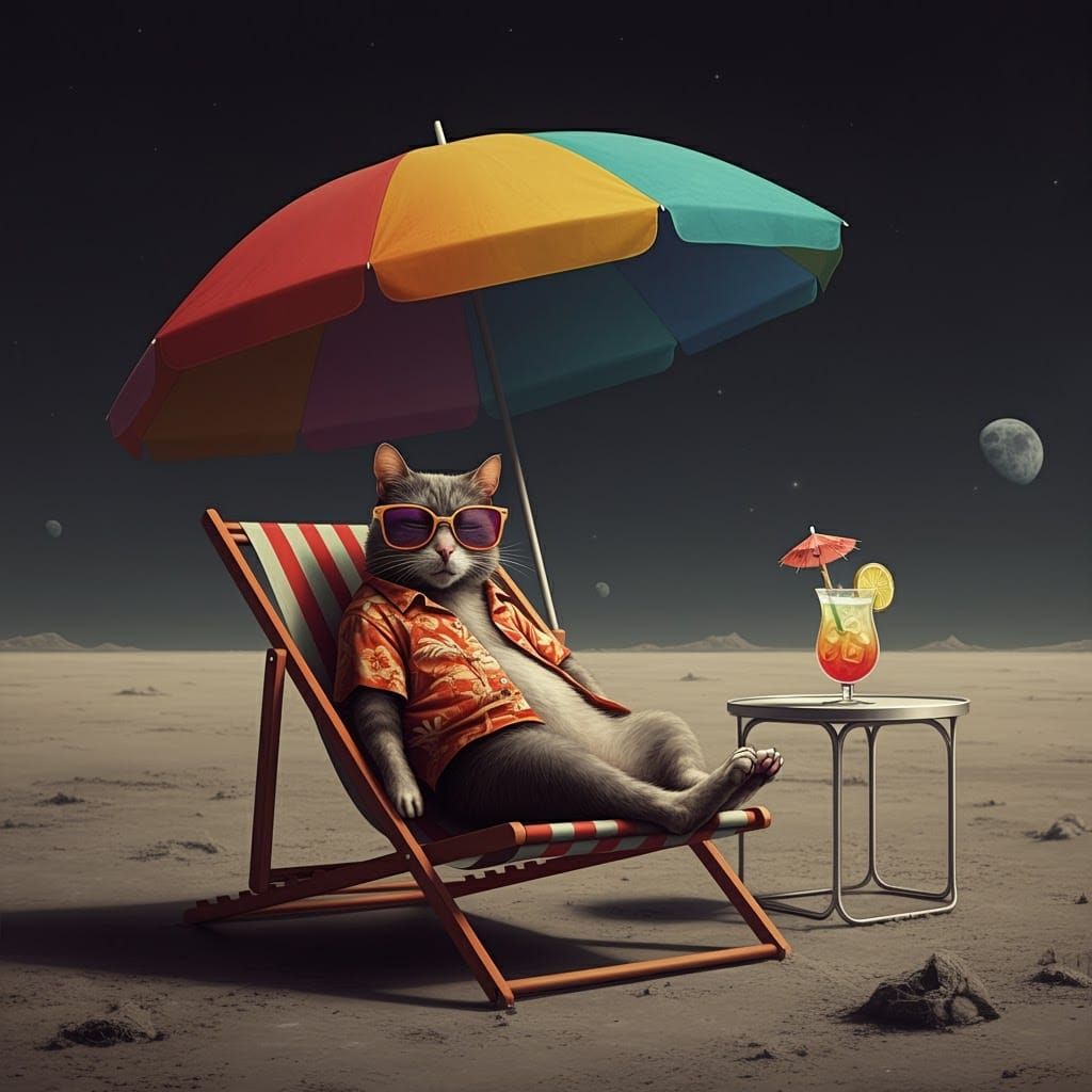 Ratfink Cat Lounging on the Moon in Retro-Futurism