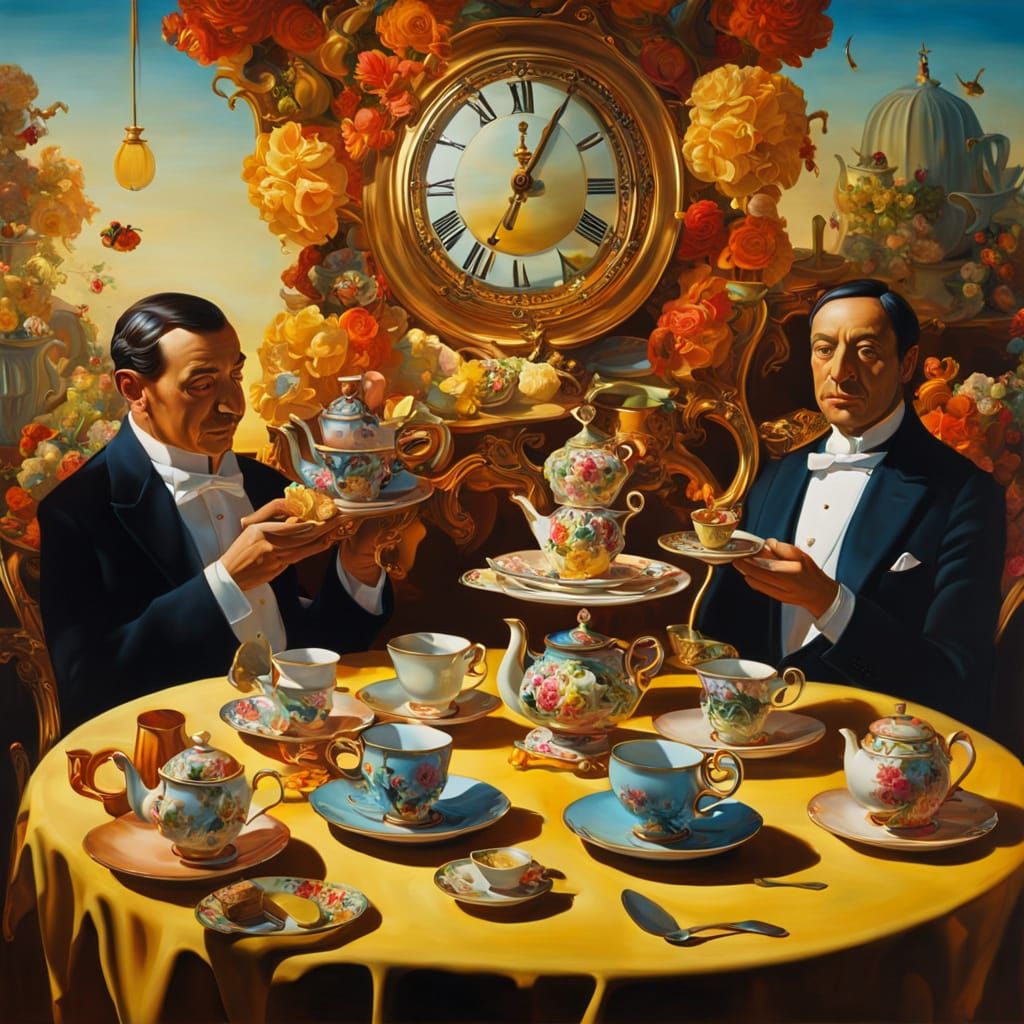 Surreal Tea Party with Melting Clocks in Oil