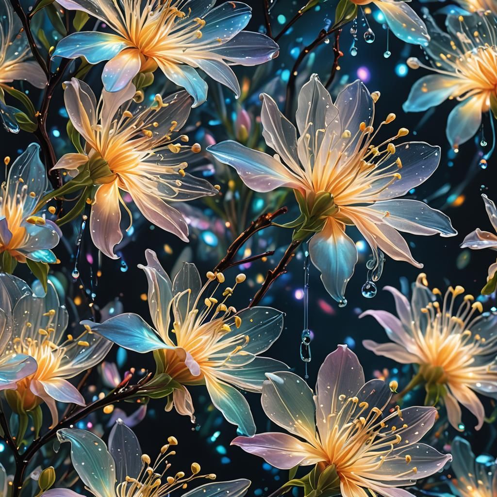 Bioluminescent Honeysuckle Blossom at Night in Glass Art