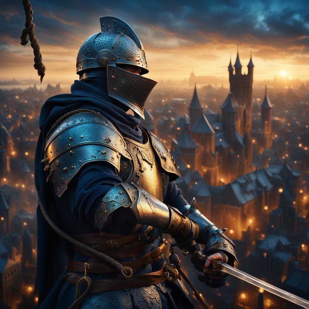 Knight Soaring Above City at Twilight in Matte Painting