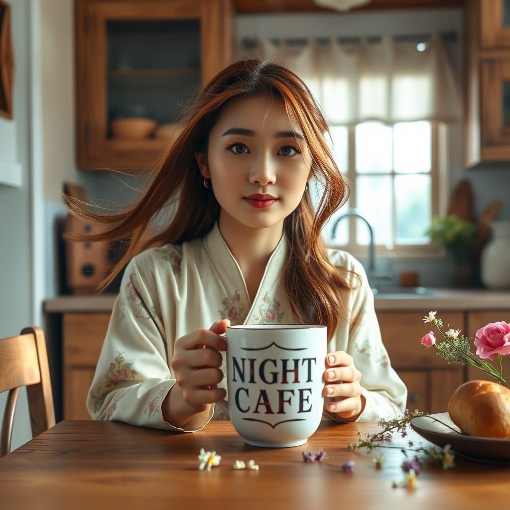 Korean Woman at Night Cafe in Soft Light